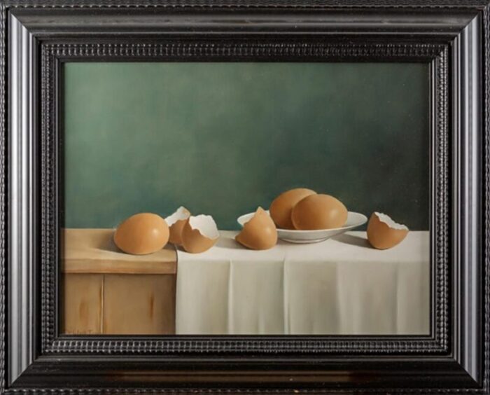 tony de wolf still life with eggs oil on panel 2000s 6870