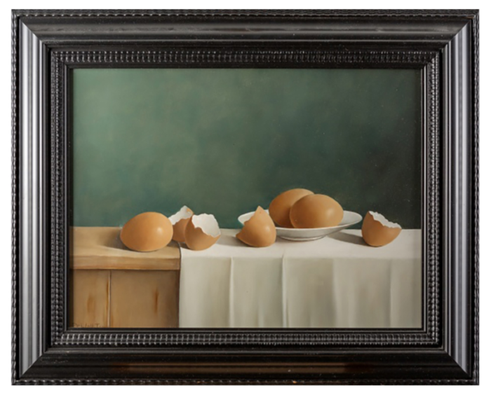 tony de wolf still life with eggs oil on panel 2000s 8127