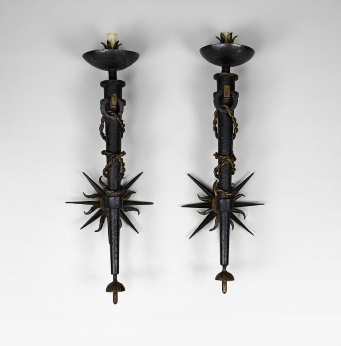 torchiere sconces in wrought iron by gilbert poillerat france 1930s set of 2 4072