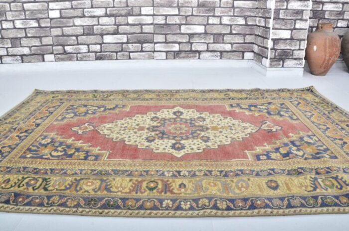 turkish handmade faded wool oushak rug 1960s 8339