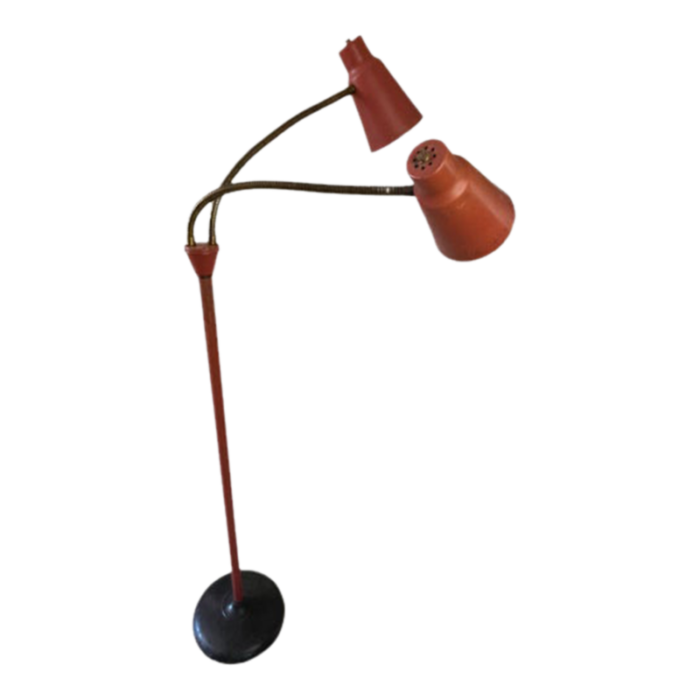 vintage 1950s persimmon brass gooseneck floor lamp with two cones 2660