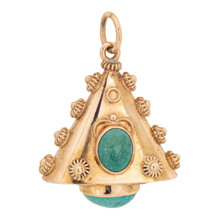 vintage 1960s turquoise charm etruscan revival 18k yellow gold triangle pendant 5422