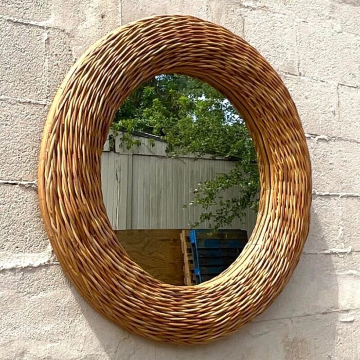 vintage boho woven rattan round mirror 0077