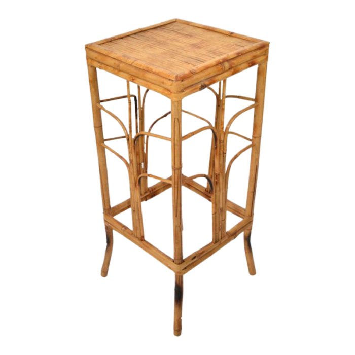 vintage brighton chinoiserie rattan burnt bamboo plant stand side table column 3417