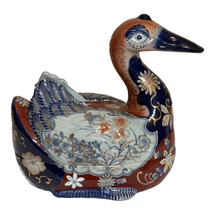 vintage chinese porcelain imari gilt floral large goose tureen 1222