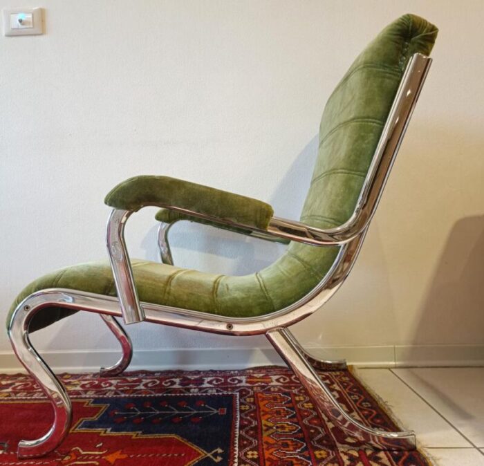 vintage chromed steel and velvet armchair 1980s 9709