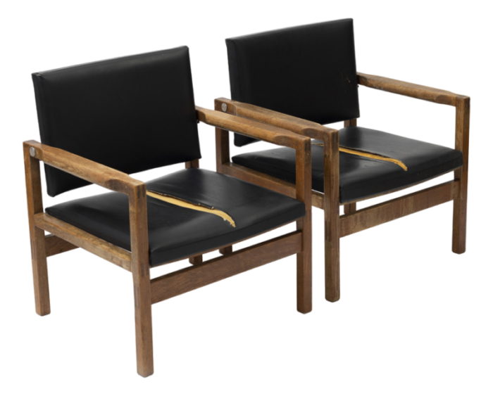 vintage danish tiltback chairs in oak and leatherette 1960s set of 2 2963