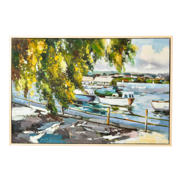 vintage framed large oil painting on canvas depicting boats in harbor 1467