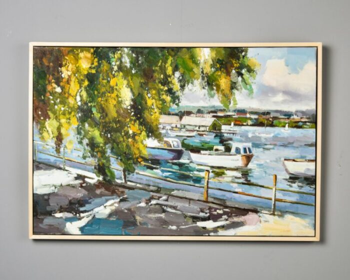 vintage framed large oil painting on canvas depicting boats in harbor 6309