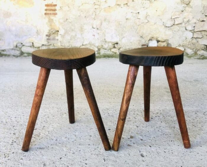 vintage french farmhouse milking stools on tripod legs set of 2 0310