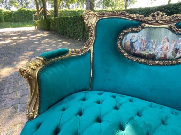 vintage french louis xvi corbeille settee gold leaf beech and green velvet 3802