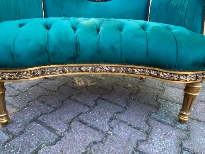 vintage french louis xvi corbeille settee gold leaf beech and green velvet 5702