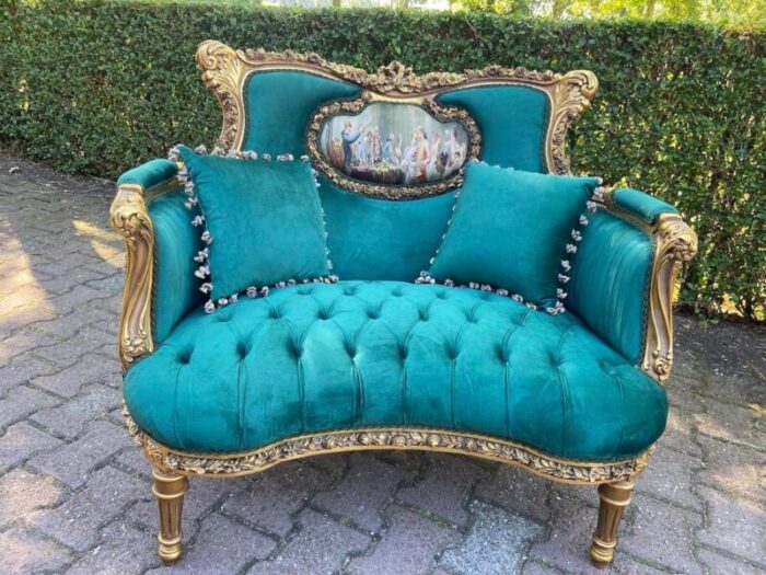 vintage french louis xvi corbeille settee gold leaf beech and green velvet 6260