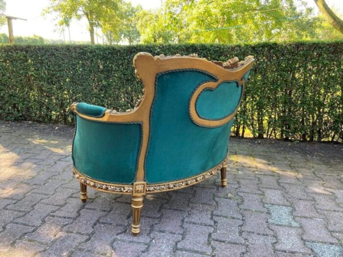 vintage french louis xvi corbeille settee gold leaf beech and green velvet 6301