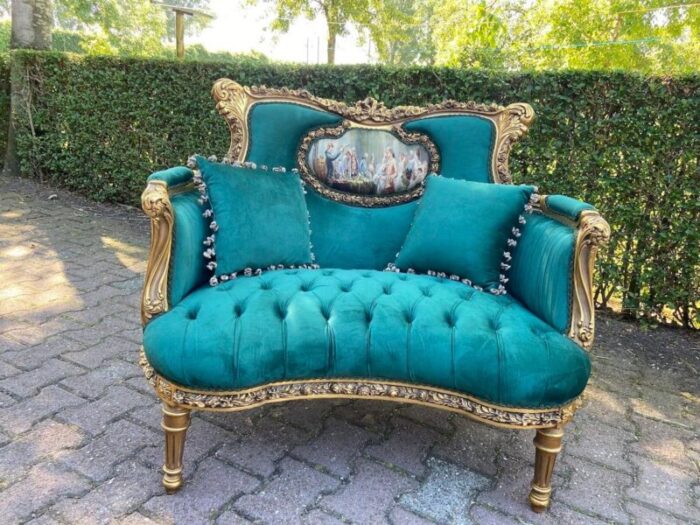 vintage french louis xvi corbeille settee gold leaf beech and green velvet 7481