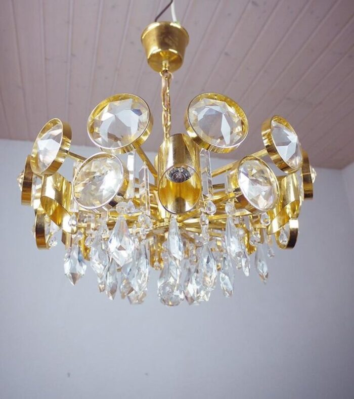 vintage gilt brass and crystal glass chandelier by lobmeyr 2