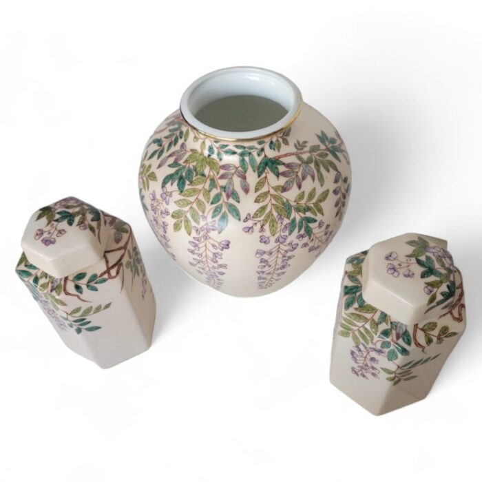 vintage hand painted set of three vase and two cannisters in the style of andrea by sadek 0240