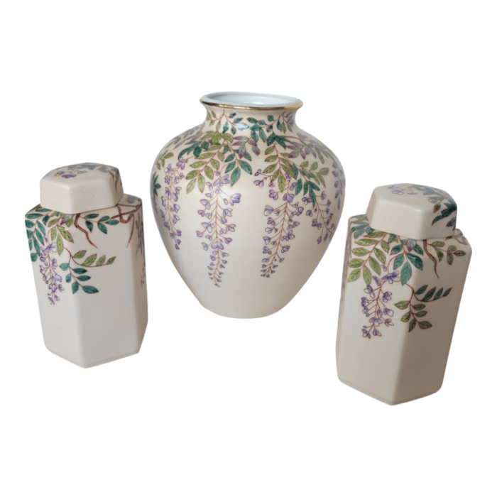 vintage hand painted set of three vase and two cannisters in the style of andrea by sadek 3269