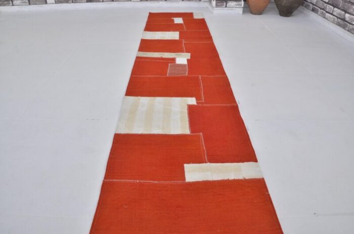 vintage handmade red and white runner rug 1960 2342