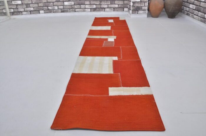 vintage handmade red and white runner rug 1960 3506