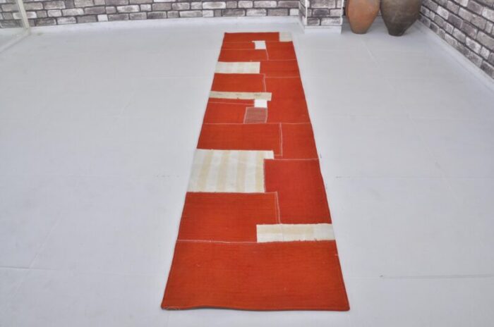 vintage handmade red and white runner rug 1960 5314