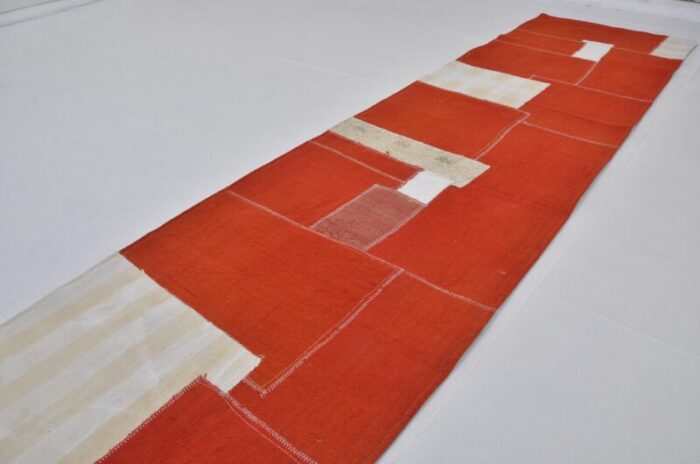 vintage handmade red and white runner rug 1960 8413