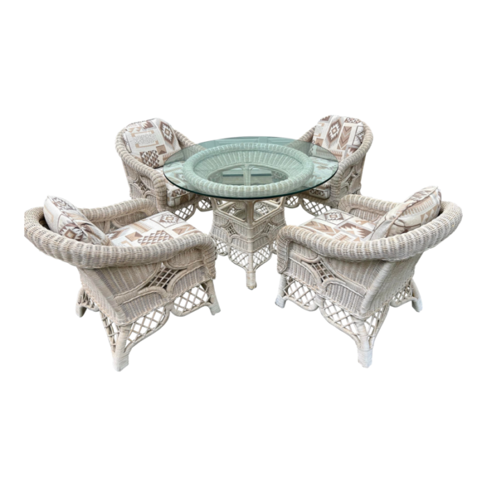 vintage henry link white wicker dining table and 6 chairs with upholstered southwest aztec cushions 2722