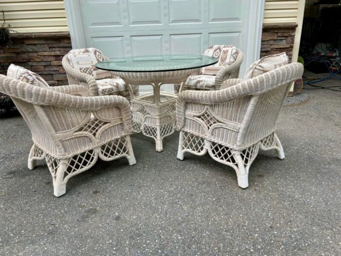 vintage henry link white wicker dining table and 6 chairs with upholstered southwest aztec cushions 9198