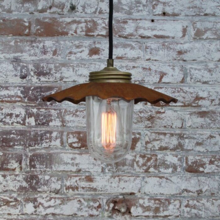 vintage industrial brass rust metal and clear glass pendant light 4