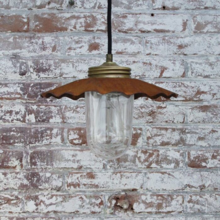 vintage industrial brass rust metal and clear glass pendant light 5