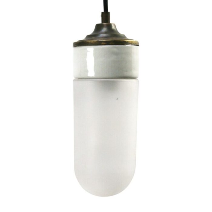 vintage industrial white porcelain frosted glass brass pendant light 1