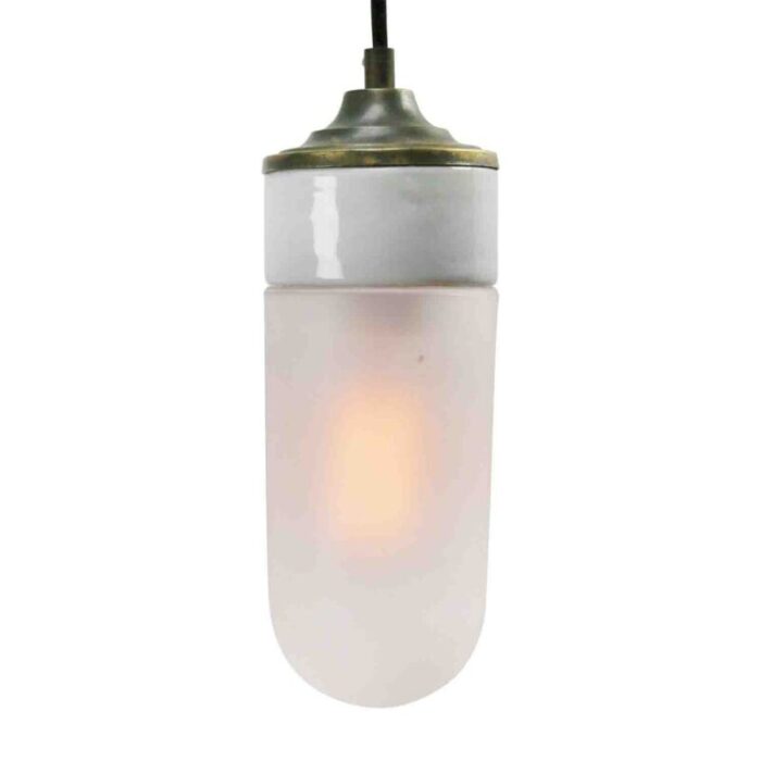 vintage industrial white porcelain frosted glass brass pendant light 2