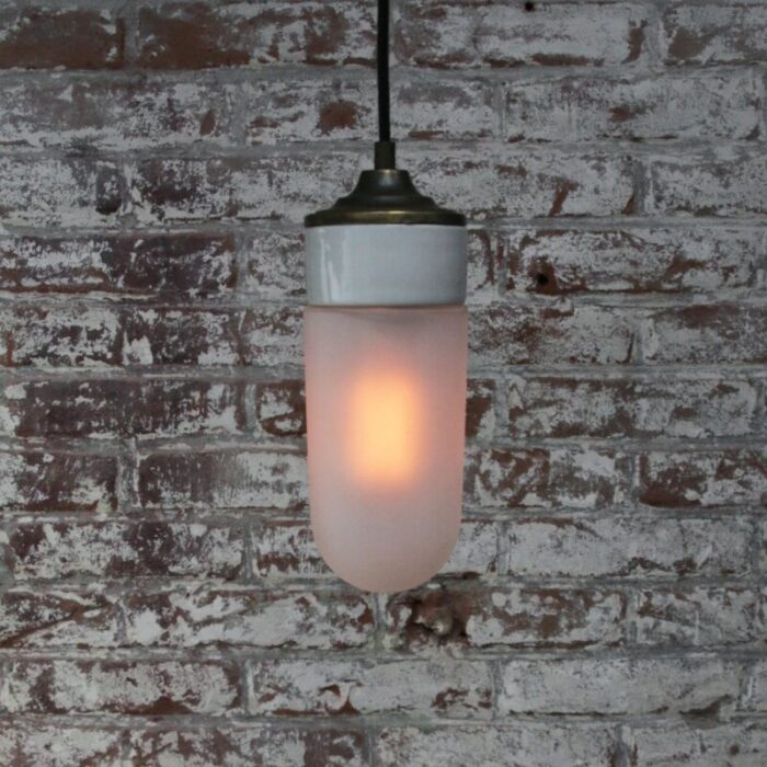 vintage industrial white porcelain frosted glass brass pendant light 6