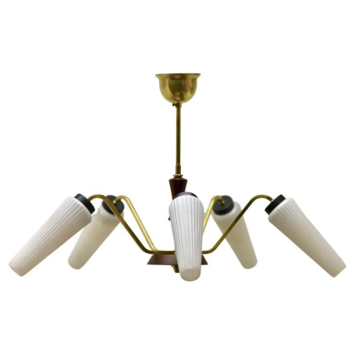 vintage italian chandelier with five arms and wooden details from stilnovo 1960s 1