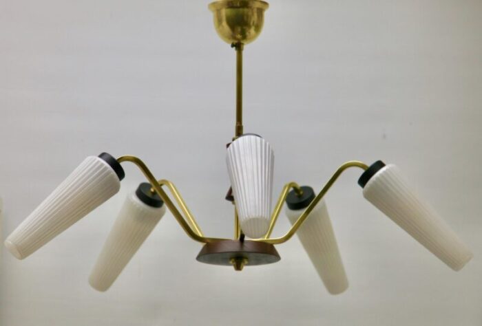 vintage italian chandelier with five arms and wooden details from stilnovo 1960s 10