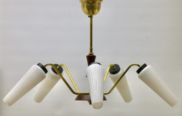 vintage italian chandelier with five arms and wooden details from stilnovo 1960s 2