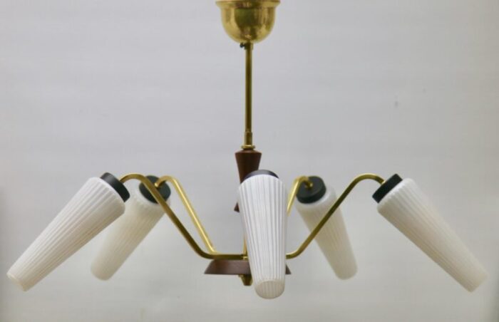 vintage italian chandelier with five arms and wooden details from stilnovo 1960s 8