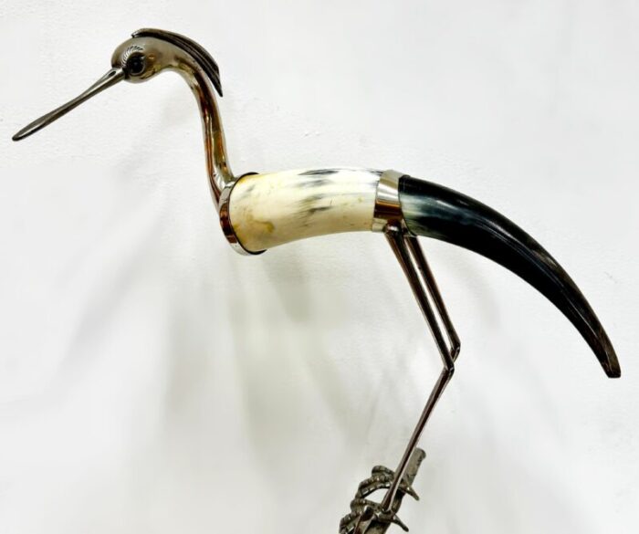 vintage italian hauy pouigo crane or heron sculpture in cow horn and silver 4007