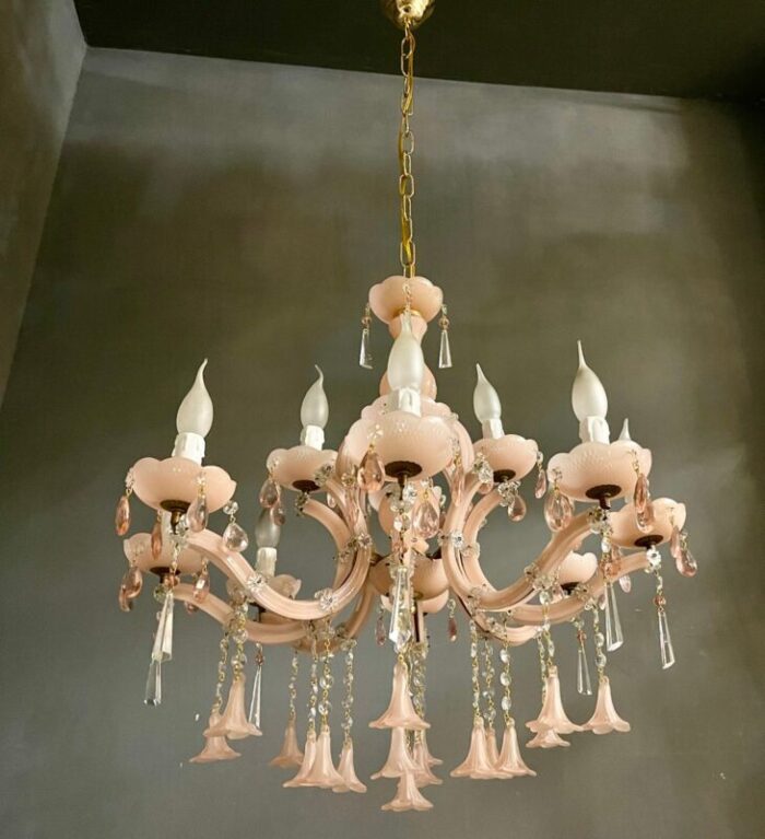 vintage italian pink opaline murano glass chandelier 1