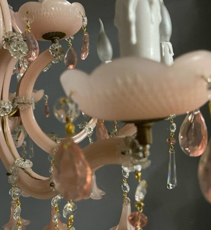 vintage italian pink opaline murano glass chandelier 16