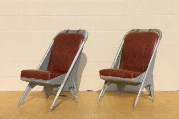 vintage leather airplane chairs with riveted aluminum and leather cushions 1216