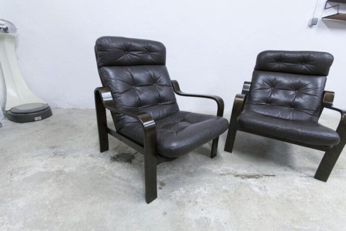 vintage leather and rosewood armchairs 1960s set of 2 8209