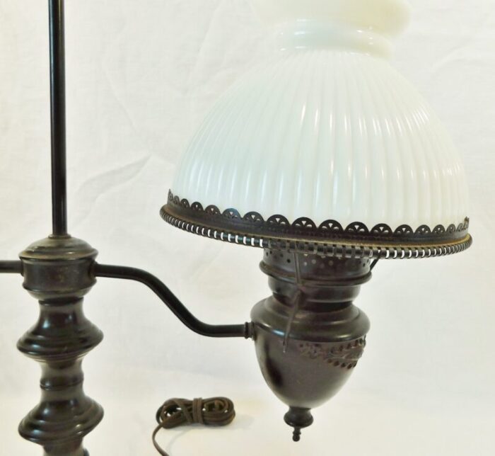 vintage mid century embossed metal milk glass hurricane shade students desk table lamp 1103