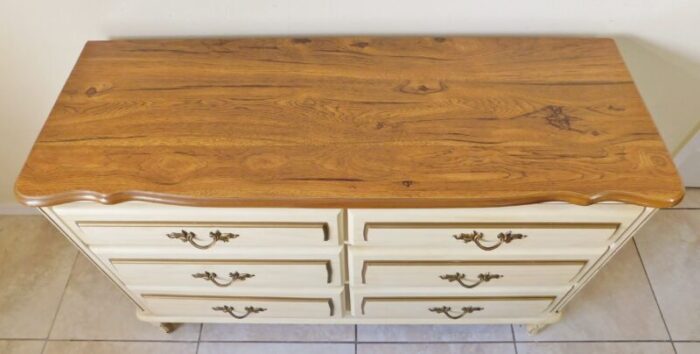 vintage mid century french provincial ivory and gold wood six drawer dresser 2845