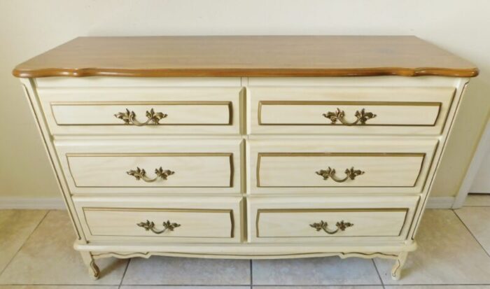 vintage mid century french provincial ivory and gold wood six drawer dresser 6436