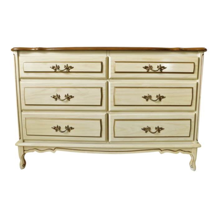 vintage mid century french provincial ivory and gold wood six drawer dresser 9585