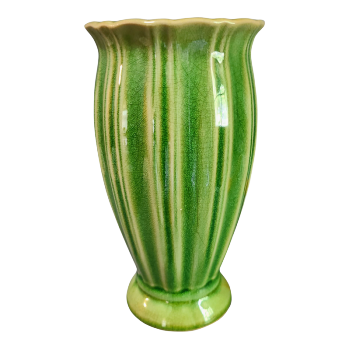 vintage mid century modern glazed crackled pottery grass green vase 0600