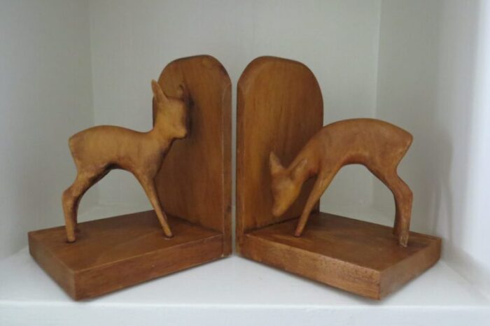 vintage mid century modern wood deer bookends oberlander handarbeit hand carved in switzerland a pair 1621