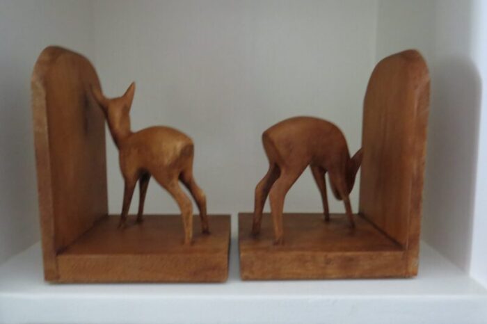 vintage mid century modern wood deer bookends oberlander handarbeit hand carved in switzerland a pair 7009