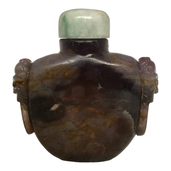 vintage moss agate snuff bottle with ringed lion masks 0382